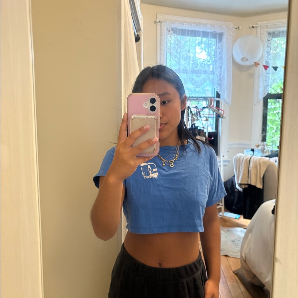 Divided Light Blue Graphic Crop Top